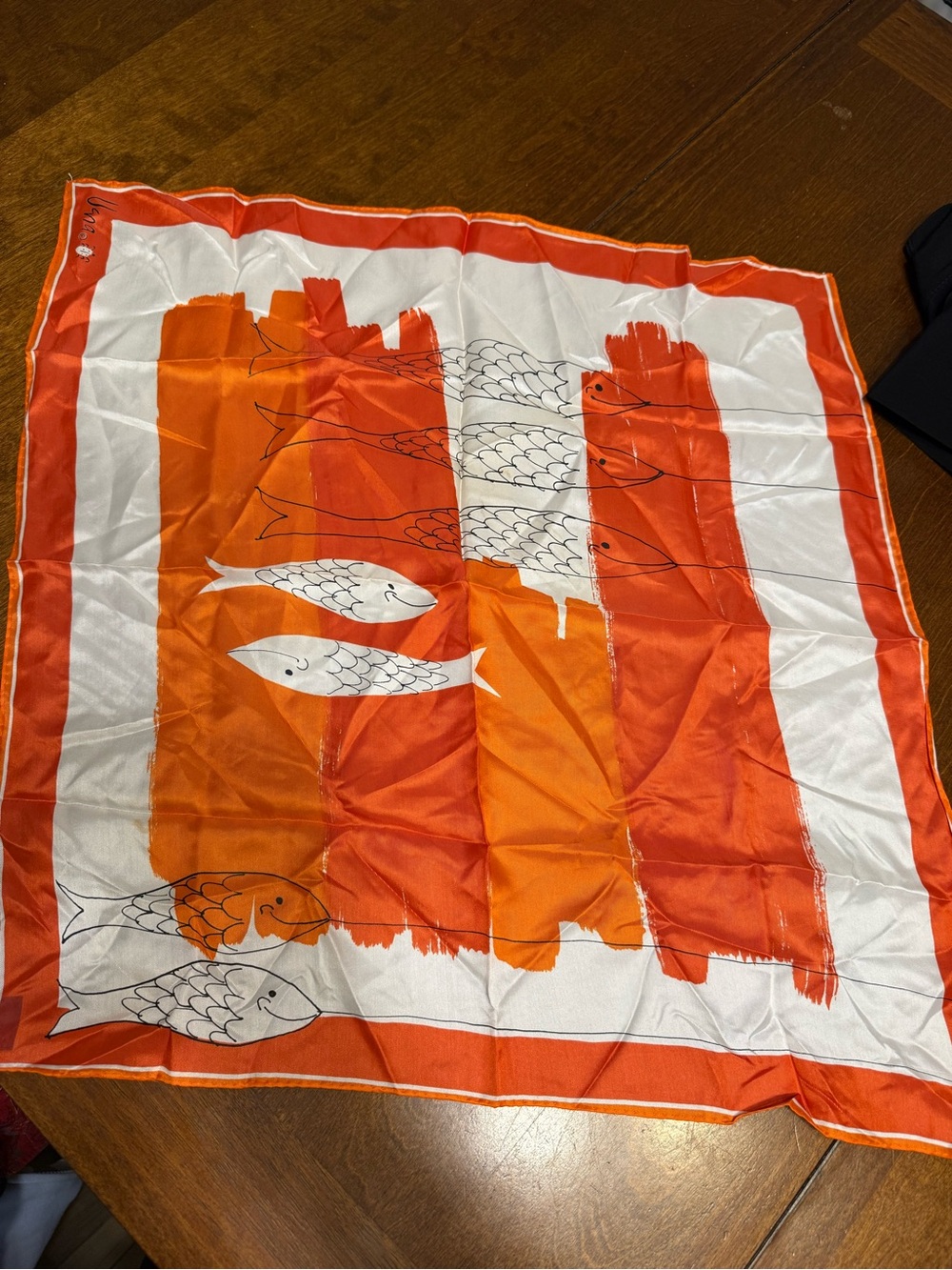 Vintage Vera Neumann Mod Print Scarf Orange Red Fish Rayon Silk Japan 21x21
